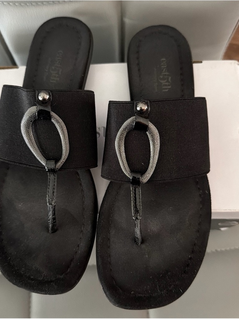 East 5th Black Slide Sandals with Silver-Tone Loop Accent
